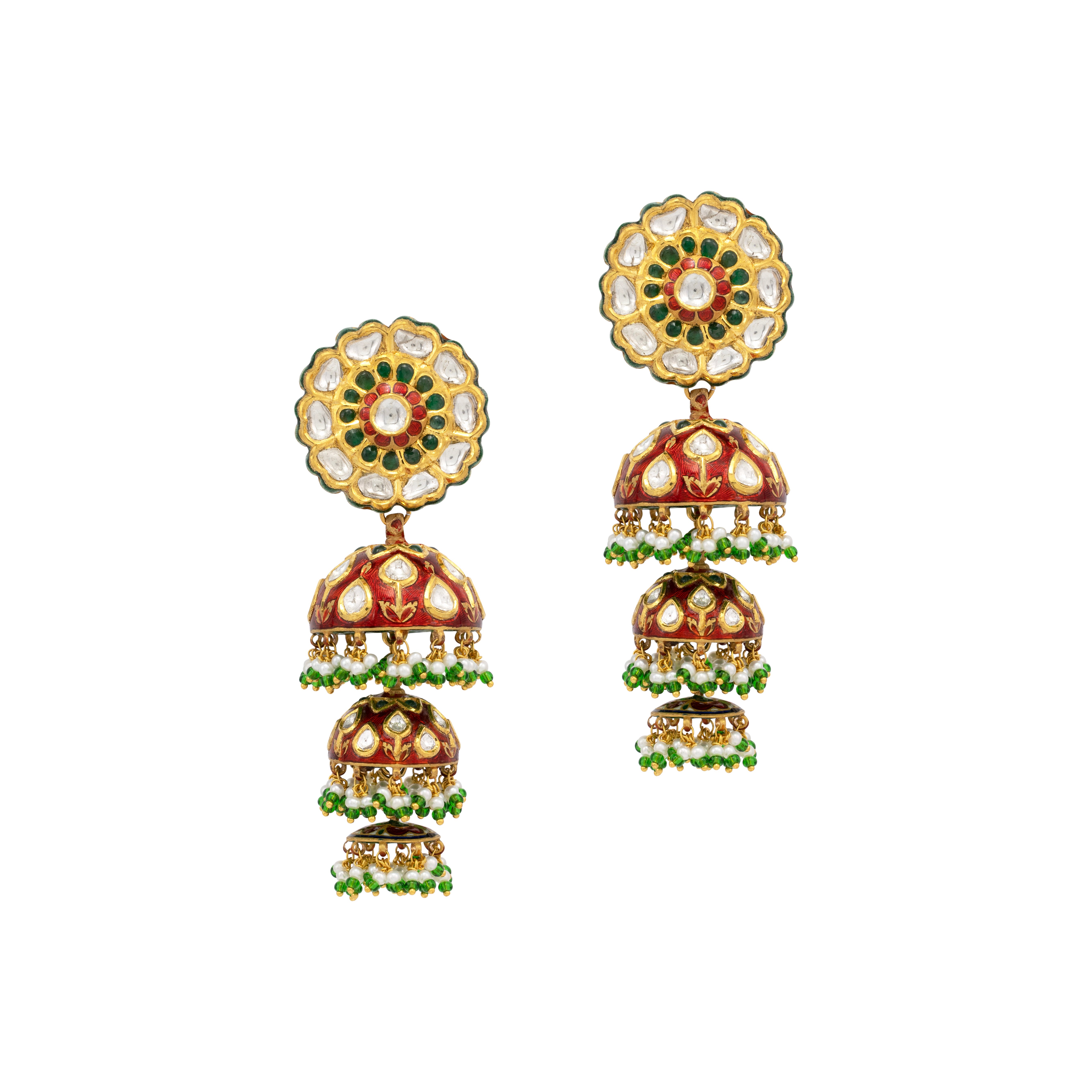 Triple-Tier Red Meenakari Jhumkis with Polki and Green Beads